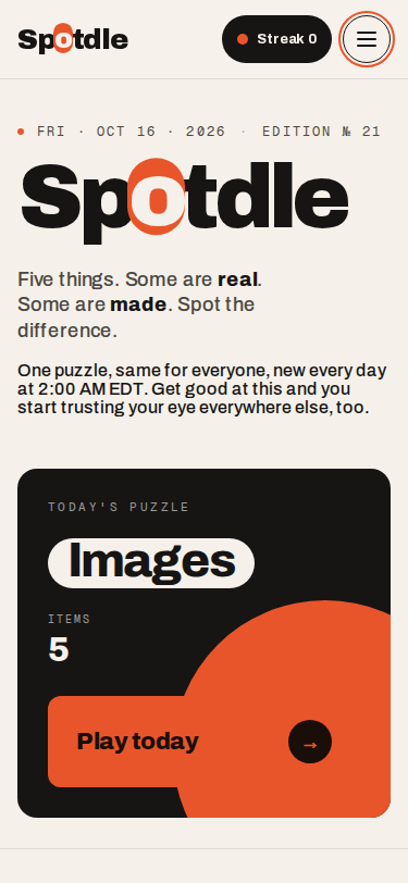 Spotdle home screen at 375px mobile