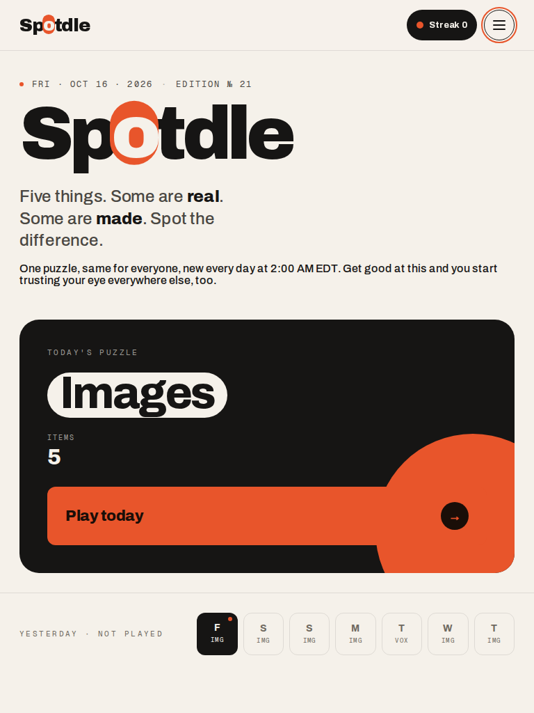 Spotdle home screen at 768px tablet portrait