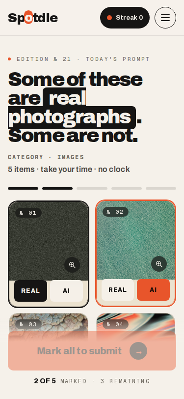 Edition №21 in progress at 375px, with 2 of 5 images marked