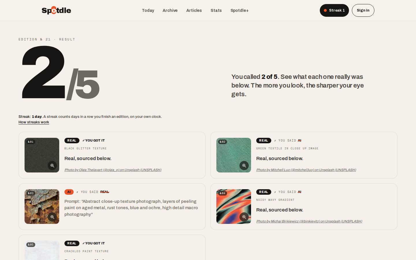 Edition №21 reveal at 1440px, showing the score and the first 4 answers