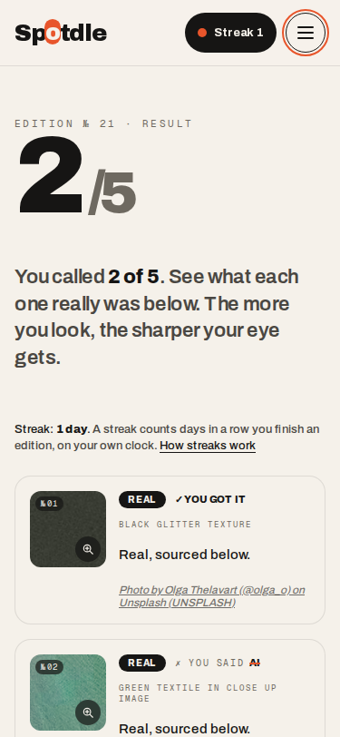 Edition №21 reveal at 375px, showing the score and the first answer